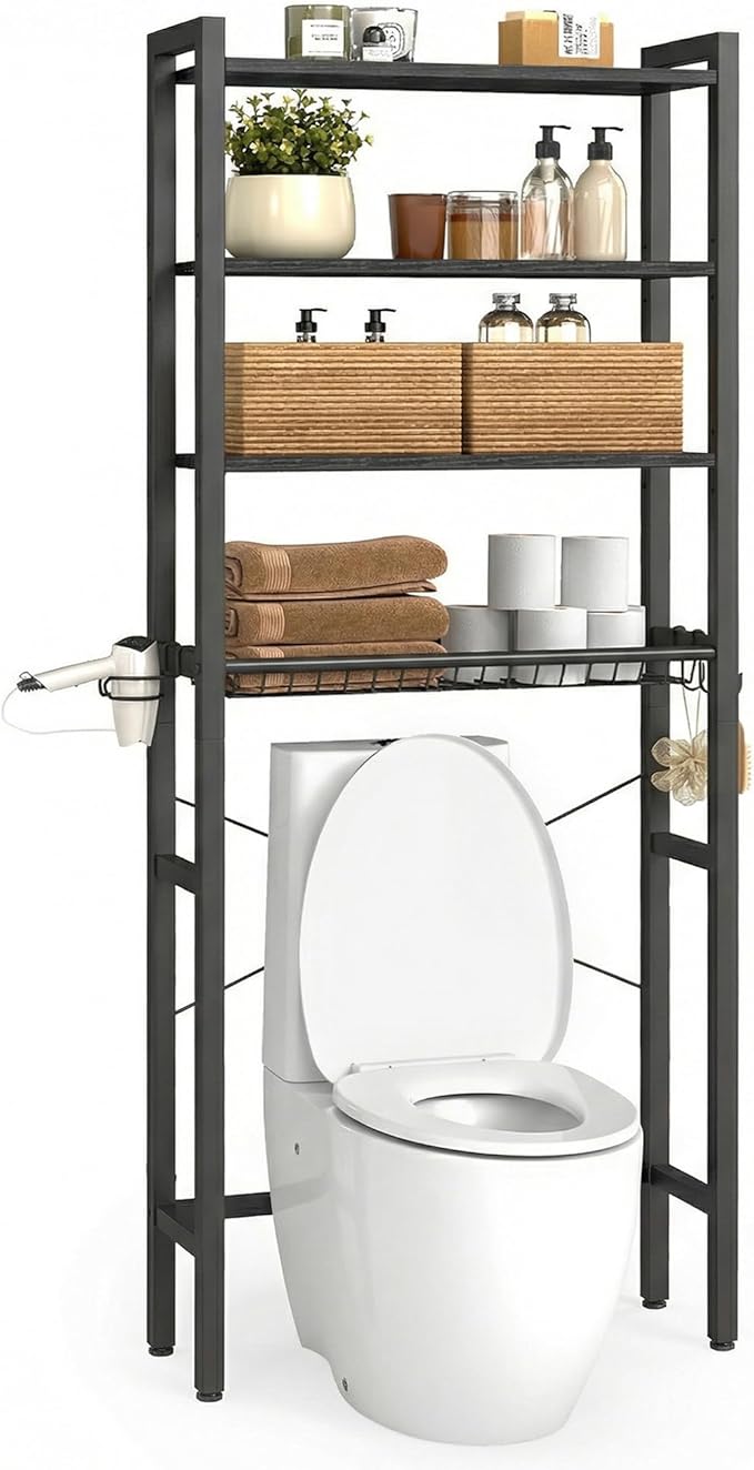 VASAGLE Over the Toilet Storage, Over Toilet Bathroom Organizer with Adjustable Shelves and Basket, 3 Hooks, Space Saving, 9.4 x 23.6 x 68.1 Inches, Ebony Black UBTS114BE01S