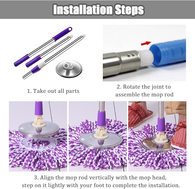Spin Mop Replacement Mop Handle, 49-inch 360 Degrees Rotating Telescopic Replacement Mop Stick with Stainless Steel Disc for Spin Mop Bucket Cleaning System (Stainless Steel Disc, Khaki)