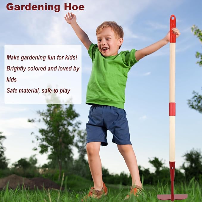 Kids Garden Lawn Hoe-Small Wooden Handle Hoe with Metal Head, 31 inches/ 79 cm Length, for Kids Garden Labor Tool (Red)