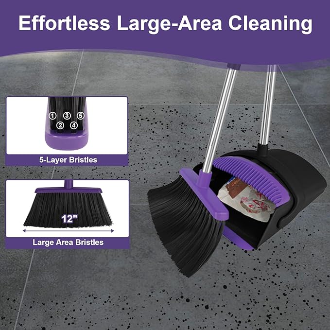 Broom with Dustpan Combo Set and Silicone Air Broom Kit, 51" Long Handle Floor Squeegee, Purple Household Kit for Glass Window Rugs Pet Hair Home