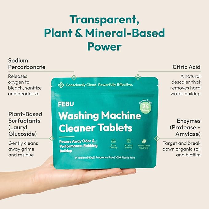 FEBU Washing Machine Cleaner Tablets Made in USA | Washer Machine Cleaner & Deodorizer | Removes Gunk & Grime | 7 Natural, Biodegradable, Plant-Based Ingredients | 24 Tablets - 12 Month Supply