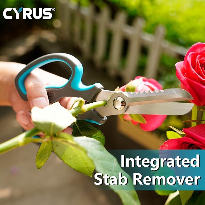 CYRUS Serrated Pruners Flower Scissors Floral Shears for Cutting Flowers,Garden Shears with Integrated Stab Remover,Florist Cutters Rose Snips,Blue