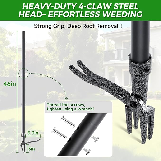 Weed Puller, Stand Up Weed Puller Tool with Steel Long Handle & 4-Claw Steel Head, 46" Adjustable Handle Weeder Tool, Easily Remove Weeds Root Without Bending, Pulling, or Kneeling