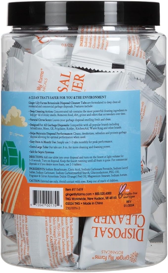 Ginger Lily Farms Botanicals Garbage Disposal Cleaner Tabs, Deep Cleaning Tablets for Sink Disposals, Removes Odor-Causing Residues, Citrus Scent, 40-Count