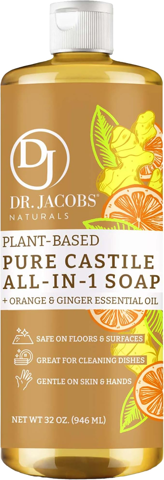 Dr. Jacobs Naturals Orange & Ginger Castile All-In-One Cleaner and Soap - Plant-Based Formula for House Cleaning Floors and Appliances - Gentle on Skin and the Planet - 32 oz, 1 Pack
