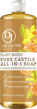 Dr. Jacobs Naturals Orange & Ginger Castile All-In-One Cleaner and Soap - Plant-Based Formula for House Cleaning Floors and Appliances - Gentle on Skin and the Planet - 32 oz, 1 Pack
