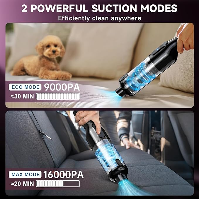 dormzie Handheld Vacuum Cordless, 16000Pa Powerful Suction, Lightweight at 1.3 lbs, Type-C Charge, Multiple Accessories, Rechargeable Car Vacuum Cleaners for Home Office Pet