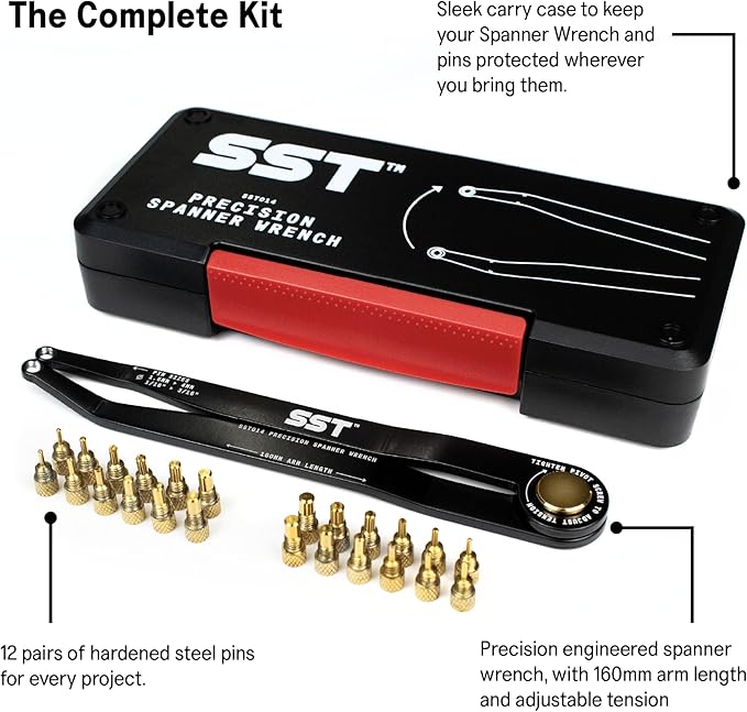 SST® - Precision Spanner Wrench – For Obscure Hardware & Fasteners – Includes 12 Metric & Imperial Steel Pin Sizes – Adjustable Tension – 160mm Arm – 180° Movement – With Storage Case