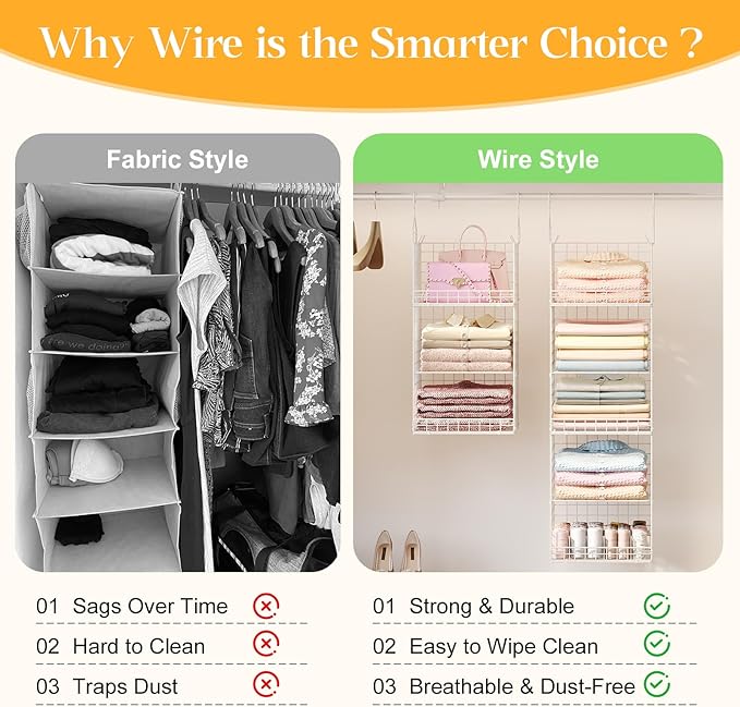 Yuyetuyo ﻿5 Tier Hanging Closet Organizer Separable Hanging Closet Shelves with 4 Hooks 2 Adjustable Dividers, Wire Storage Basket Bins for Clothing Sweaters Socks Dolls Handbags, Foldable