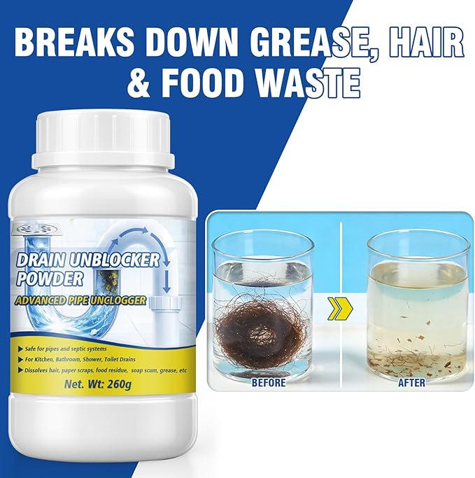 Powerful Drain Clog Remover, 260g Pipeline Dredging Agent & Drain Cleaner Fast Dissolves Hair, Paper Scraps, Food, Grease & Soap Scum, Unclog Sink Drains, Kitchen sinks, Shower pipes, Toilet