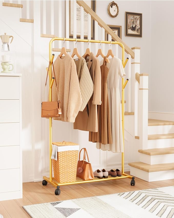Sakugi Clothes Rack - Metal Coat Rack with Bottom Shelf, Portable Wardrobe Rack with 6 Side Rods, Rolling Clothing Rack for Hanging Clothes for Bedroom or Laundry Room (Gold, 28.7 x 17 x 59.4)