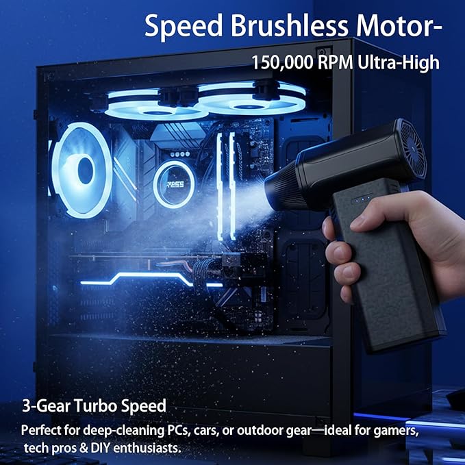 Compressed Air Duster-150000RPM Super Power Electric Duster, 3-Gear Turbo Fan，Rechargeable Cordless Air Blower with，for Snow, Leaves, Computer, Keyboard, Outdoor, House and Car Cleaning