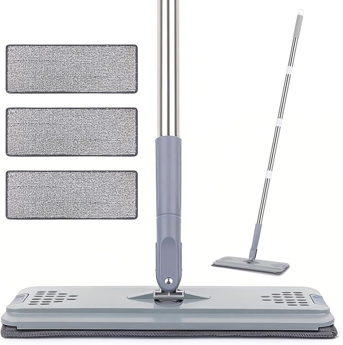 Flat Mop with 3 Pads, Microfiber Mops for Floor Cleaning Adjustable Handle 29-49, Dust Mop for Hardwood Floors, Wet Dry Use on Laminate Wood Tile Vinyl Wall Mopping Bathroom Kitchen Household Supplies
