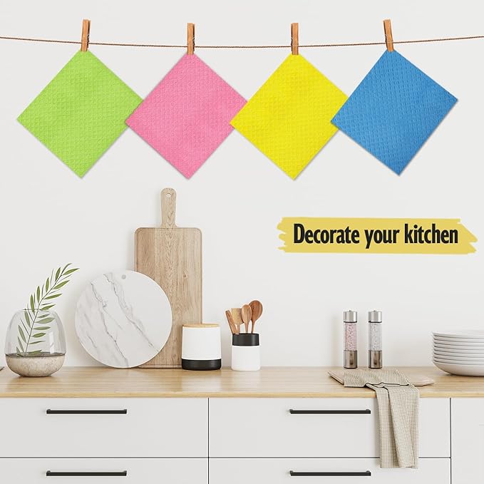 Swedish Dishcloths, Reusable Soft Kitchen Towels, Absorbent Sponge Cleaning Cloths, Washable Quick Drying, 6 Pack, Assorted