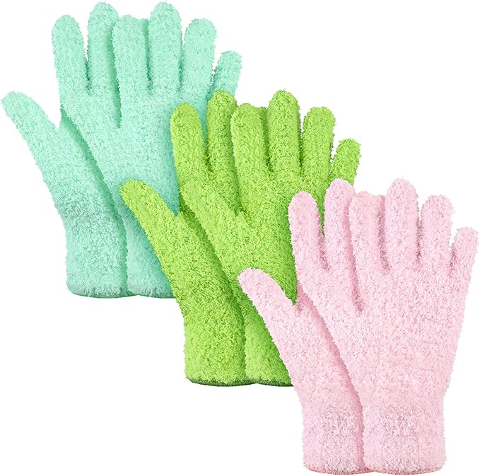Patelai 3 Pairs Microfiber Plant Dusting Gloves Leaf Cleaning Gloves for Indoor Plants, Blinds, Furniture, House (Green Yellow,Blue,Pink,Medium)