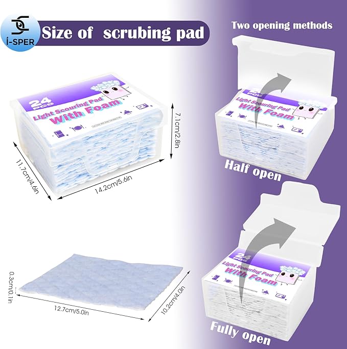 24 Pack Light Scouring Pad with Foam, Triple Cleaning Scrub Pad Singles Heavy Duty Household Non-Scratch Abrasive Hand Pad Multi Surface Magic Sponge Eraser Sheets for Home Surfaces Indoor Cleaning