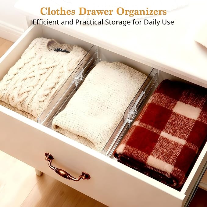6 Pack Drawer Dividers for Clothes, 4" High 10.6"-16.9" Adjustable Drawer Dividers Expandable Dresser Drawer Organizer, Clear Drawer Separators for Clothes, Underwear, Cosmetic, Kitchen Utensils