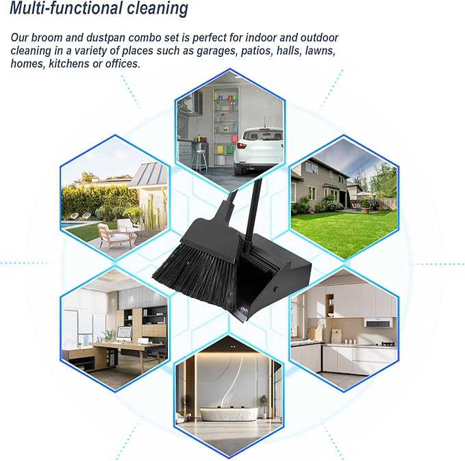 Broom with Dustpan Combo Set Outdoor Upright Dustpan and Broom Set with Long Handle Angle Broom and Dustpan Set for Garage Patio Courtyad Lobby Lawn Home Kitchen Ofiice
