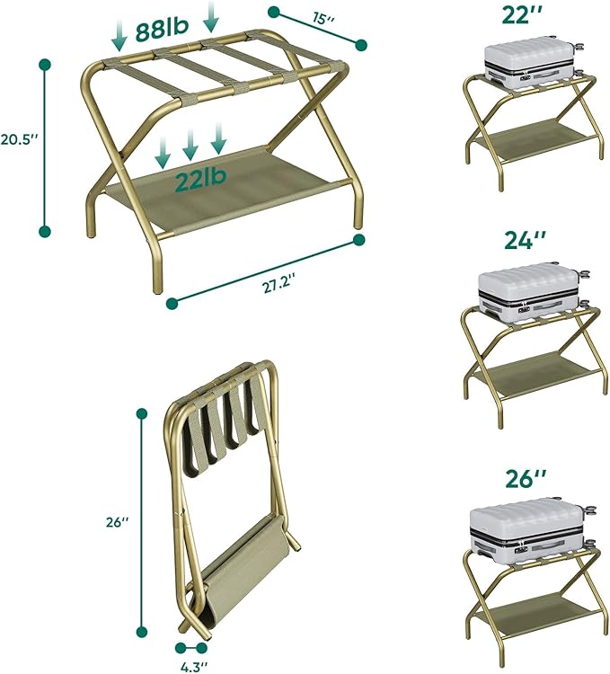 Smuxee Gold Luggage Rack Pack of 2, Foldable Suitcase Stand with Fabric Storage Shelf, Luggage Holder with 4 Nylon Straps for Hotel Guest Room Bedroom