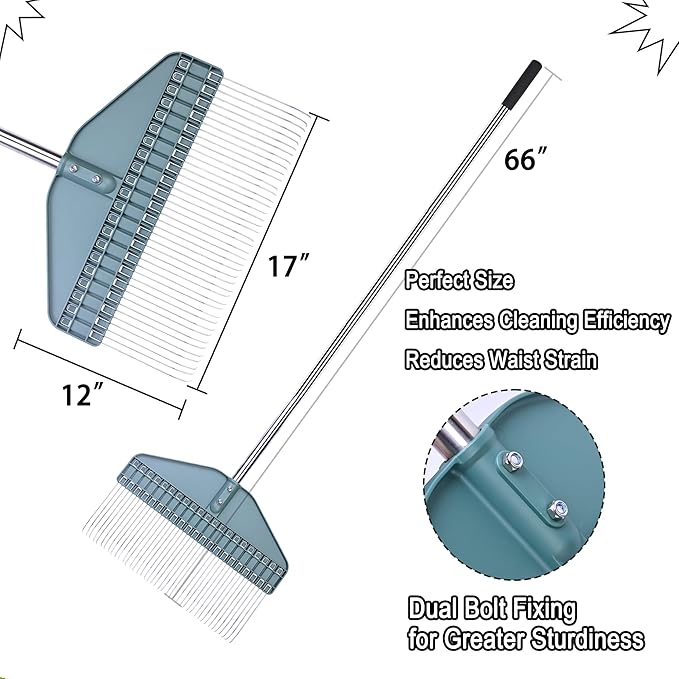 Thatch Rake 66-Inch Adjustable Handle Dethatcher Rake,17-Inch Wide Leaf Rakes, Suitable for Gardens, Yards, Lawns, Used for Cleaning Dead Grass, Thatch, Leaves, Pine Needles, Branches