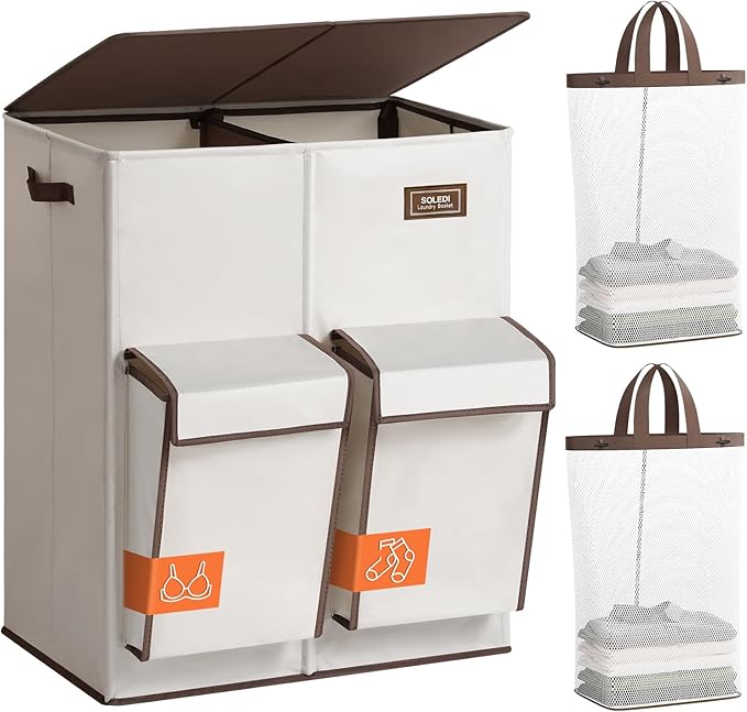 SOLEDI Double Laundry Hamper with Lid, 47.8 Gal (180L) Large Laundr Basket 2 Section with 2 Side Pockets, Dirty Clothes Hamper with Removable Bag, Easy to Carry for Laundry Room, Bedroom, Beige