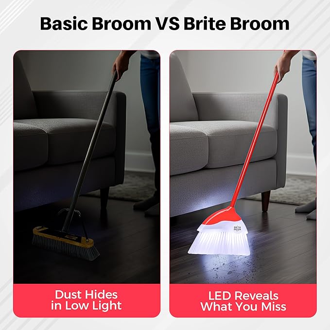 Indoor Broom with LED Lights | Angle Broom for Dark Corners & Low Light Areas | Soft Bristle, Adjustable Long Handle | Floor Sweeper for Kitchen, Room, Office & Garage (Red)