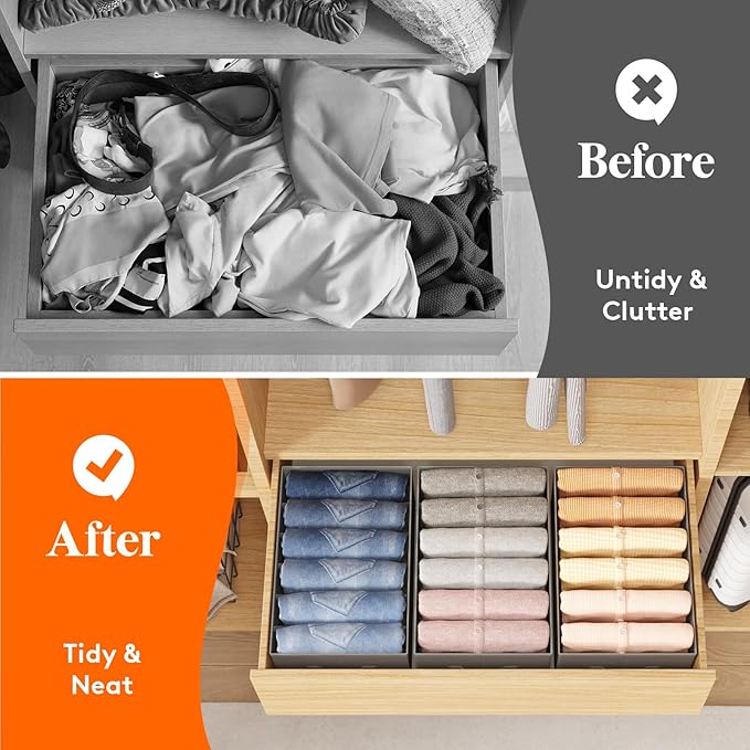 Lifewit 3 Pack Clothes Organizer, 6 Grids Closet Jean Storage Bins with Handles and Support Boards, Foldable Drawer Organizer for Sweater, Pants, T-shirt, Dress, Grey, 42 x 27 x 17 cm/16x10x7''