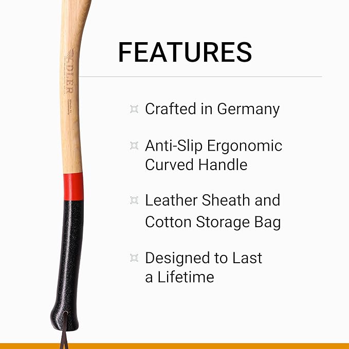 Adler Yankee Axe - German Forester's Axe with Leather Sheath, 3.5 lb Head, Anti-Slip 31.5" Hickory Handle with Red Stripe
