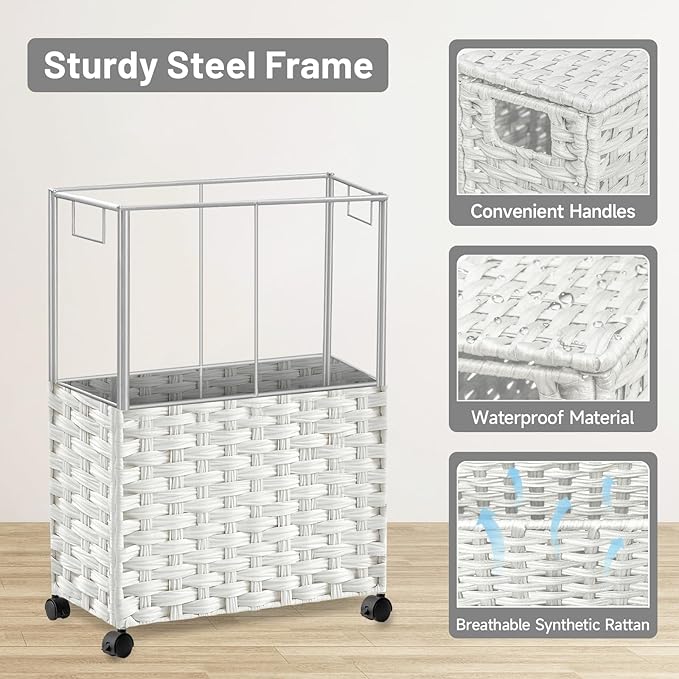 Hiagnete Toilet Paper Storage Basket with Lid and Wheels, Rattan Toilet Paper Holder Storage, Toilet Paper Organizer for Bathroom, Bedroom, Kitchen, 12.6”L x 7.1”W x 17.14”H, White