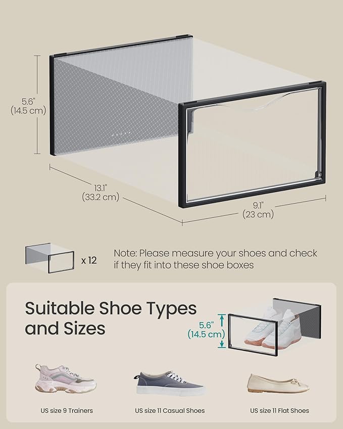 SONGMICS Shoe Boxes, Shoe Storage Organizers Rack for Closet, Plastic Stackable Sneaker Containers Case, 12 Pack, Transparent and Ink Black ULSP312B01