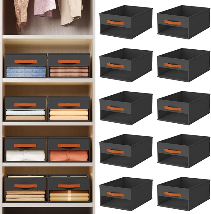 Homsorout Drawer Organizers and Storage - 10 Pack Foldable Pants Organizer with Clear Window & Handles, Fabric Closet Organizer for Clothes, Jeans, Sweaters, Towels, T-shirt, Scarf (Black)
