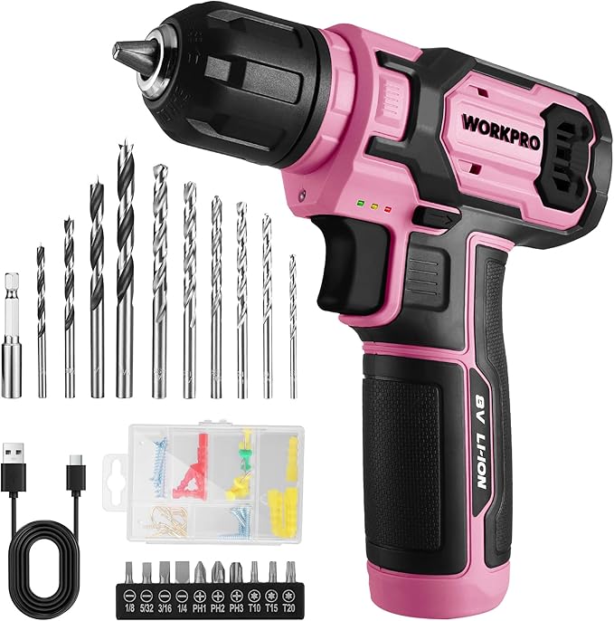 WORKPRO Pink Cordless Drill Set, 8V Impact Drill Driver with 53pcs Bit Set, 2.0Ah Electric Power Drill Kit with 3/8" Keyless Chuck and Variable Speed Trigger, Portable for DIY- Pink Ribbon