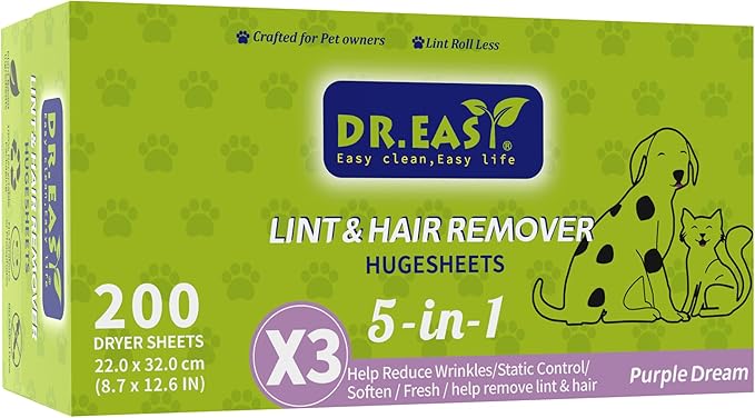 Dr.Easy LINT & HAIR REMOVER Pet HUGESHEETS with 3X Dryer Sheets, Lavender Fresh, 200 Count,PLANT&MINERAL-BASED FORMULA