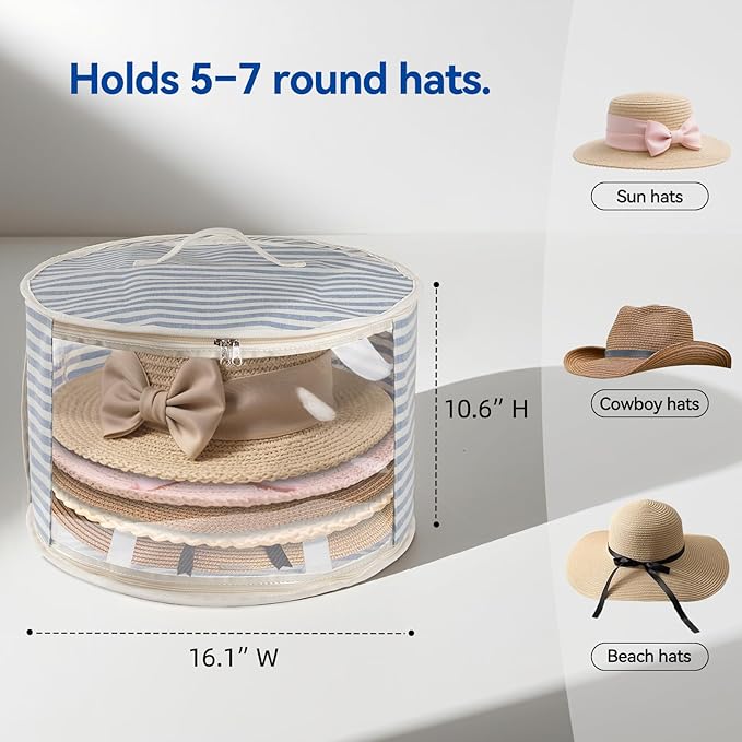 2 Pack Hat Storage Box with Clear Window, Holds up to 7 Caps Cowboy Hat Organizer Bag for Closet for Wide Brim Hats with Carrying Handles, Blue