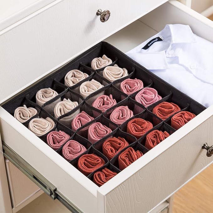 Qozary 2 Pack Socks Underwear Drawer Organizer Divider, 24 Cell or 16 Cell Collapsible Cabinet Closet Organizer Storage Boxes for Clothes, Socks, Lingerie, Underwear, Ties