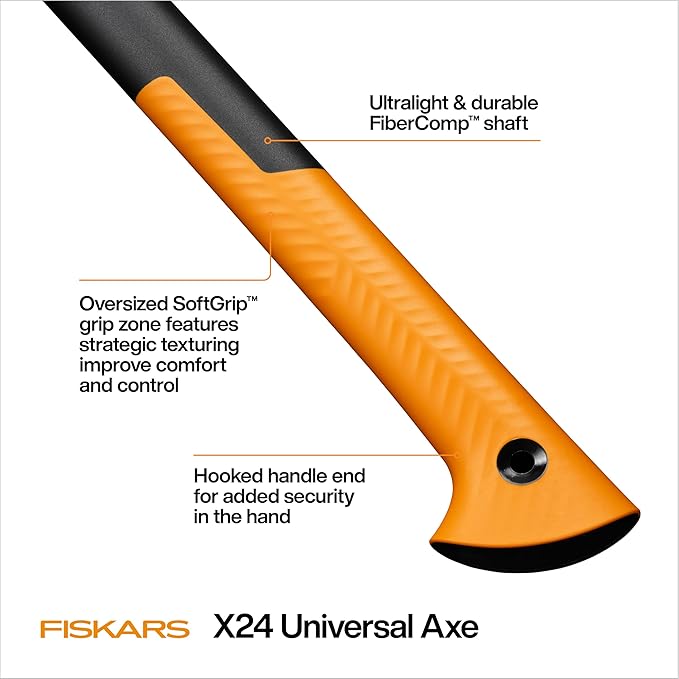 Fiskars X24 Universal Axe 24", Forged Steel Blade for Felling Trees & All-Purpose Chopping, Shock-Absorbing FiberComp Handle & Low-Friction Coating for Clean Cuts in Fresh Resinous Wood