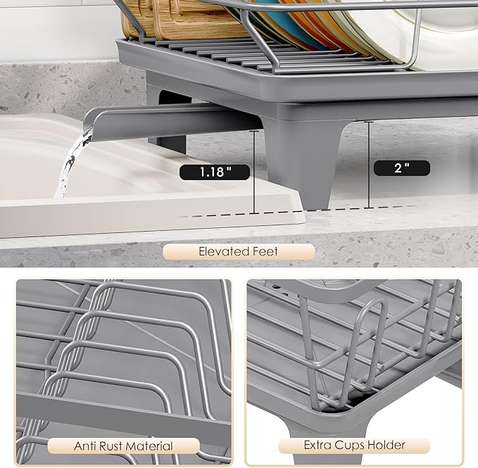 Urackify Dish Drying Rack for Kitchen Counter, Sink Dish Rack with Drainboard, Large Dish Drainer with Cups Holder, Home Countertop Plate Dryer Storage Rack with Cutlery Holder, Gray