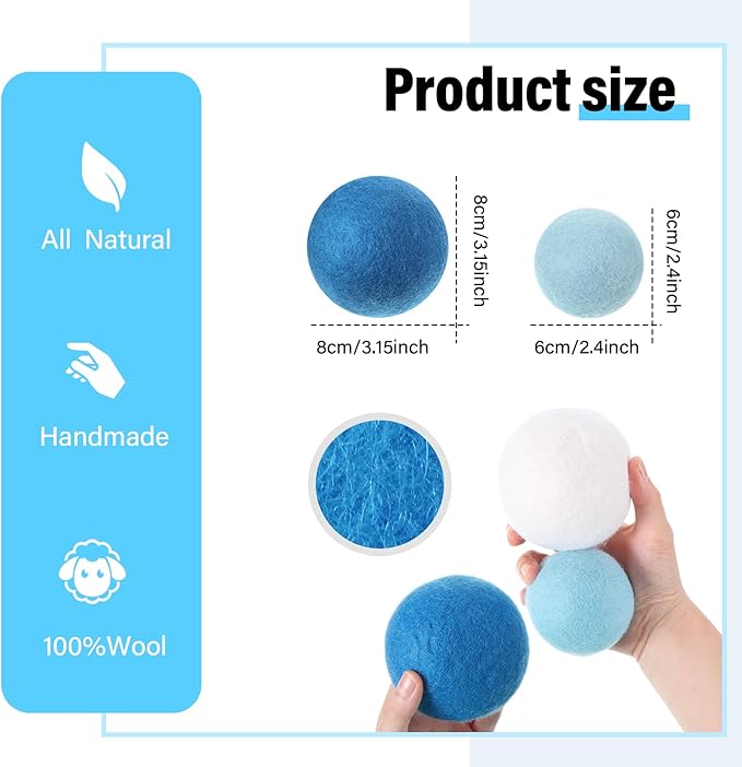 24 Pack Blue Wool Laundry Balls, 3.15'', 2.4'' Reusable Laundry Wool Dryer Balls Natural No Lint Fabric Softener for Clothing Wrinkles