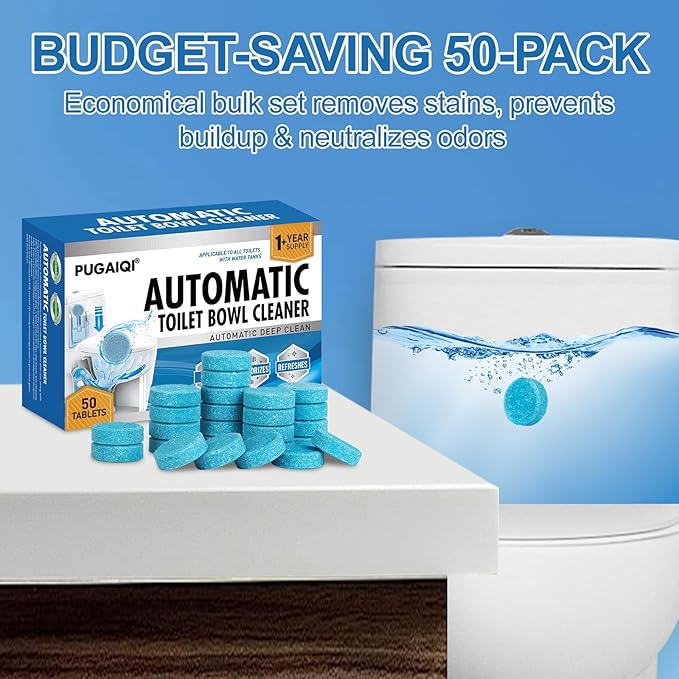 Toilet Bowl Cleaner Tablets Blue Toilet Tank Cleaners, Septic-Safe Hard Water Stain Remove, Effervescent Stain & Odor Remover Bathroom， Automatic Toilet Cleaning & Deodorizer 50 TabsTTDS