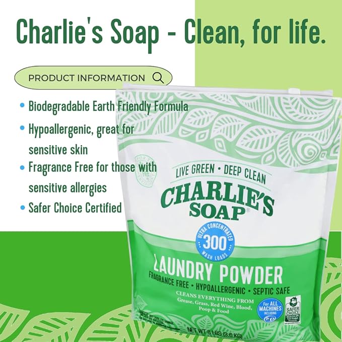 Charlie’s Soap Laundry Powder (300 Loads, 2 Pack) Hypoallergenic Deep Cleaning Washing Powder Detergent – Eco-Friendly, Safe, and Effective