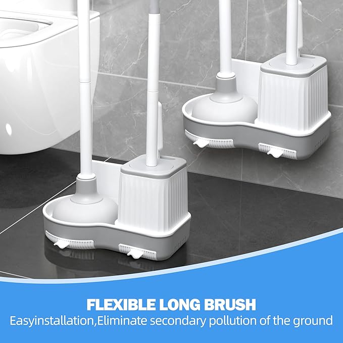 Toilet Brush and Plunger Set, 3 in 1 Toilet Bowl Brush and Holder with Crevice Cleaning Brush Wall Mounted Household Bathroom Cleaning Tools Plunger Toilet Brush Combo (1 Pack)