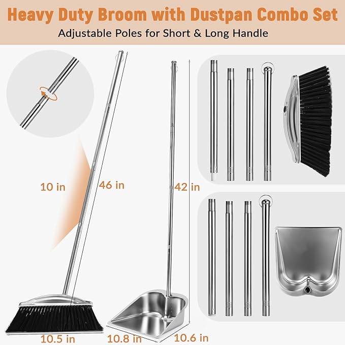 VOOWO Broom with Dustpan Combo Set, 46" Stainless Steel Broom and Dustpan Set for Home, Heavy Duty Dust Pan with Long Handle, Broom for Sweeping Indoor and Outdoor, Kitchen Broom and Dust Pan (Black)