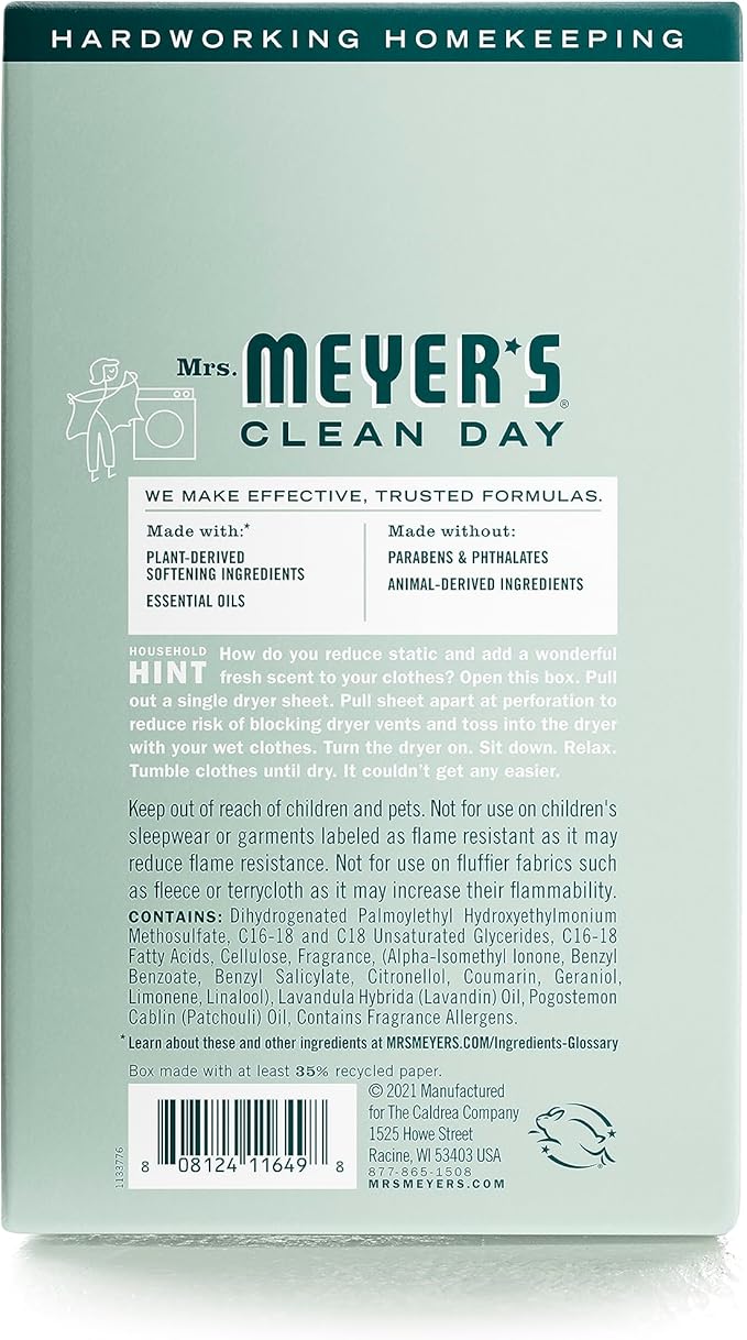 MRS. MEYER'S CLEAN DAY Dryer Sheets, Fabric Softener, Reduces Static, Infused with Essential Oils, Birchwood, 80 Count (Pack of 3)