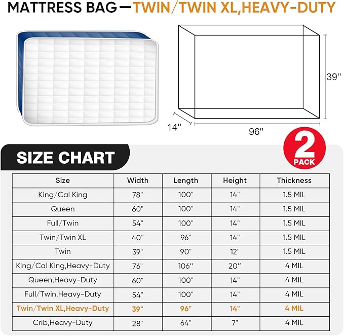 2 PK Twin XL/Twin Mattress Bags for Moving and Storage, Heavy-Duty 4 Mil Clear Plastic Mattress Cover for Moving, Super Thick Mattress Storage Bags