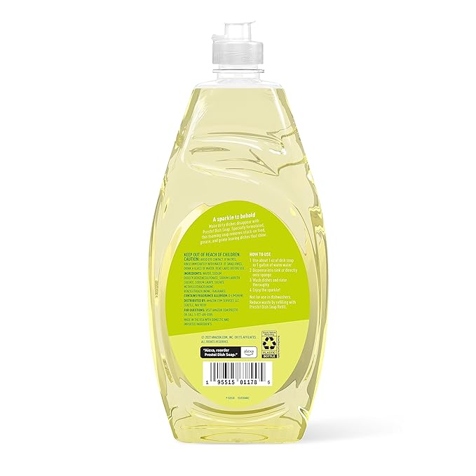 Amazon Brand - Presto! Concentrated Dish Soap, Lemon Essential Oil Scent, Removes Stuck-on Food and Grease, Phosphate-Free Formula, 30 fl oz, Pack of 2