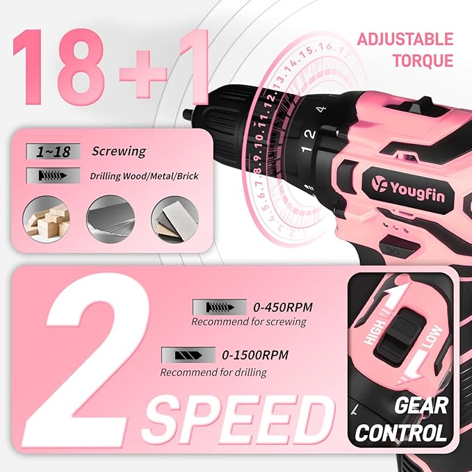 YOUGFIN Pink Drill Set, 195 Pieces Tool Set with 12V Cordles Drill, Home Tool Kits for Men & Women, Household Hand Tool Box, Perfect for DIY Office Repairing & Improvement