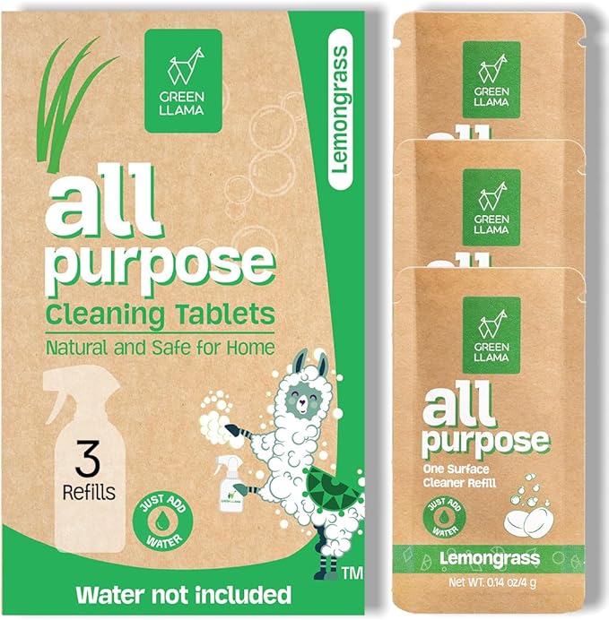 Green Llama Eco-Friendly and Sustainable All-Purpose Refill Tablets | 3-Pack | Lemon Grass Scent | Natural Cleaning Solution for Home with Certified Compostable Packaging