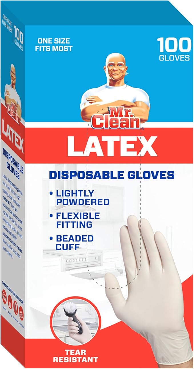 Mr Clean Latex Gloves Disposable Single Use Lightly Powdered Non-Sterile Multipurpose Uses One Size Fits Most Tear & Puncture Resistant Design 9.5-Inch Long with Beaded Cuff, 100-Count, Blue