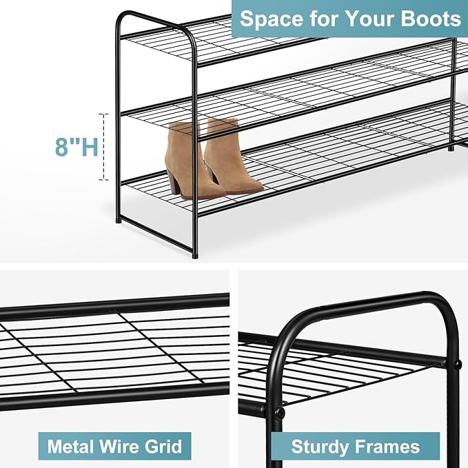AOODA Long 3 Tier Metal Shoe Rack for Closet Wide Stackable Shoe Storage Organizer for Entryway, Bedroom, Floor, 24-Pairs Men Sneakers Shoe Shelf with Wire Grid, Black