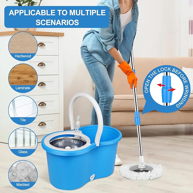 Mop and Bucket with Wringer Set, Separate Dirty Water with 3 Microfiber Replacement Mop Head Refills, 61" Stainless Steel Adjustable Handle for Floor Cleaning, (Mop Bucket 20QT)